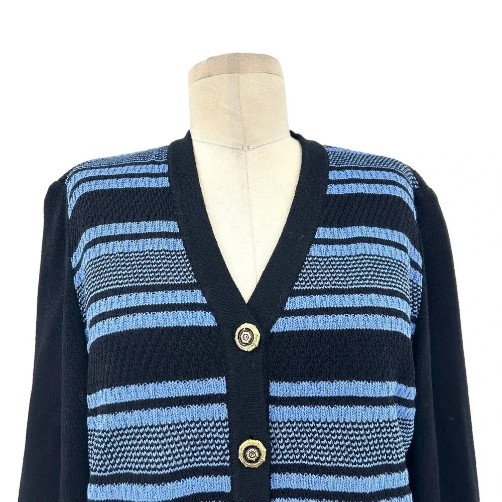 St. John Collection Santana‎ Knit Black Blue Stripe Cardigan Sweater Size 4